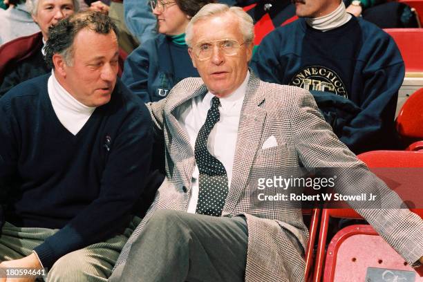 Coaching legend Donald 'Dee' Rowe, right, former basketball coach, attends a University of Connecticut game, Hartford, Connecticut, 1990.