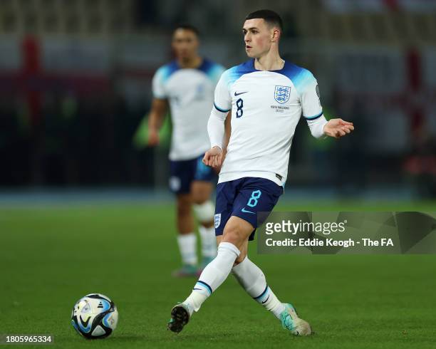 Phil Foden of England makes a pass during the UEFA EURO 2024 European qualifier match between North Macedonia and England at National Arena Todor...
