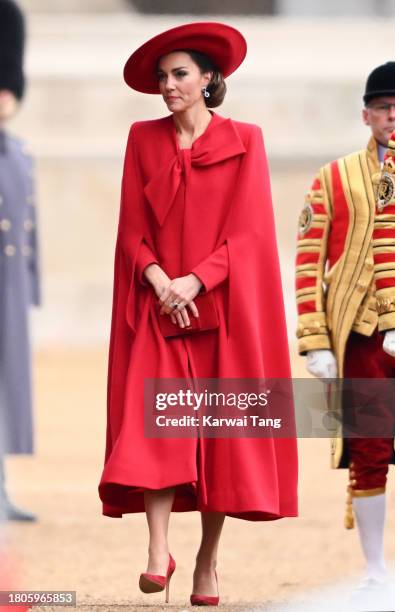 Catherine, Princess of Wales attends a ceremonial welcome for The President and the First Lady of the Republic of Korea at Horse Guards Parade on...