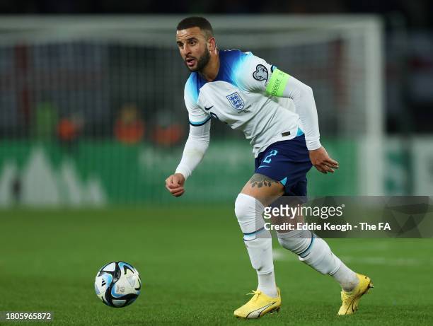 Kyle Walker of England runs with the ball during the UEFA EURO 2024 European qualifier match between North Macedonia and England at National Arena...