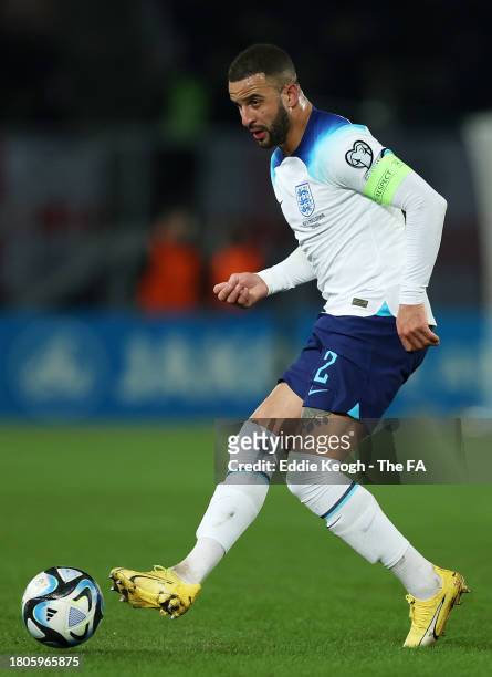 Kyle Walker of England makes a pass during the UEFA EURO 2024 European qualifier match between North Macedonia and England at National Arena Todor...