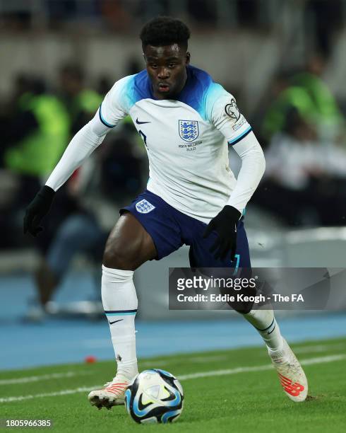 Bukayo Saka of England runs with the ball during the UEFA EURO 2024 European qualifier match between North Macedonia and England at National Arena...
