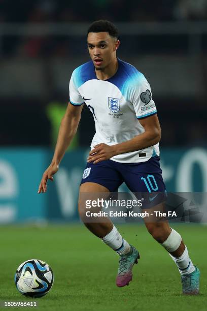 Trent Alexander-Arnold of England runs with the ball during the UEFA EURO 2024 European qualifier match between North Macedonia and England at...