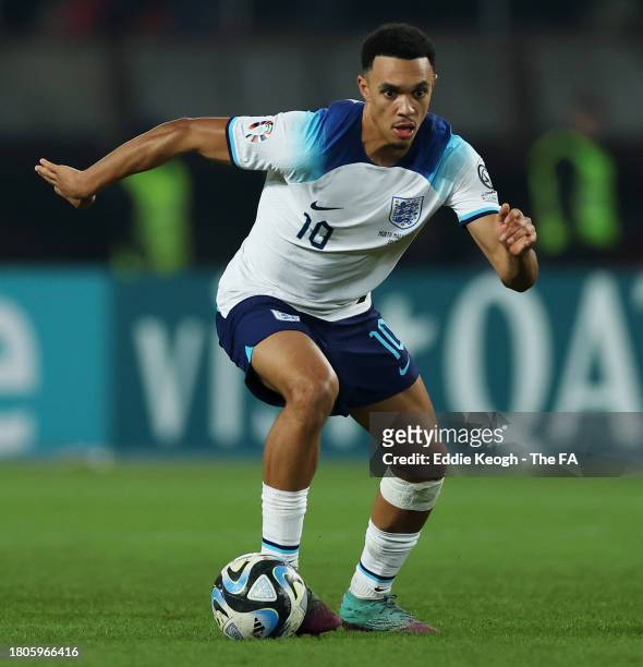 Trent Alexander-Arnold of England runs with the ball during the UEFA EURO 2024 European qualifier match between North Macedonia and England at...