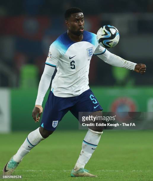 Marc Guehi of England controls the ball during the UEFA EURO 2024 European qualifier match between North Macedonia and England at National Arena...