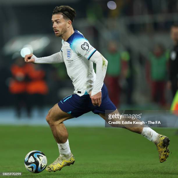 Jack Grealish of England runs with the ball during the UEFA EURO 2024 European qualifier match between North Macedonia and England at National Arena...