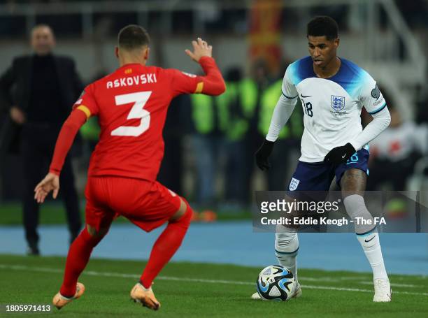 Marcus Rashford of England runs with the ball during the UEFA EURO 2024 European qualifier match between North Macedonia and England at National...