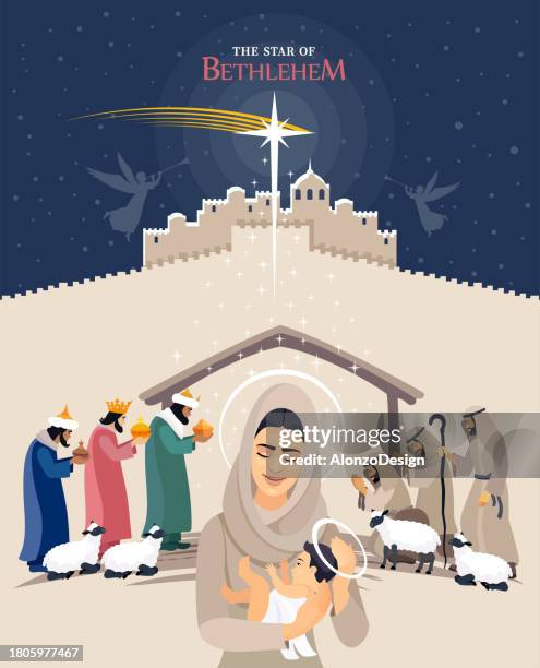 ilustraciones, imágenes clip art, dibujos animados e iconos de stock de belén. el nacimiento de cristo. el santo niño, madre e hijo. tres reyes magos. - tiny angel wings