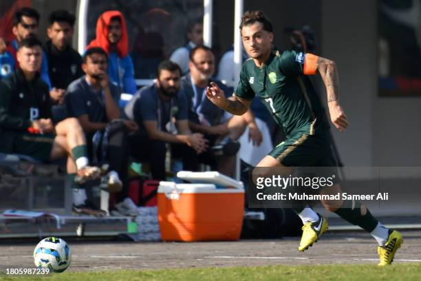 Otis Khan of Pakistan looks around to pass the ball during the 2026 FIFA World Cup AFC Qualifier Group G match between Pakistan and Tajikistan at...