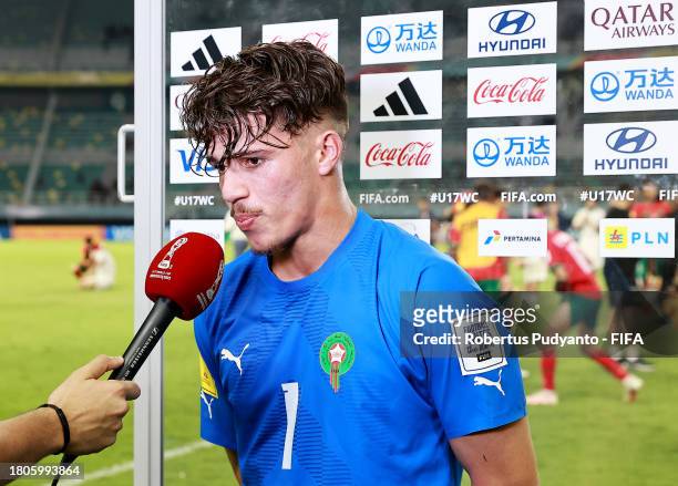 Taha Benrhozil of Morocco is interviewed after their victory in the FIFA U-17 World Cup Round of 16 match between Morocco and IR Iran at Gelora Bung...