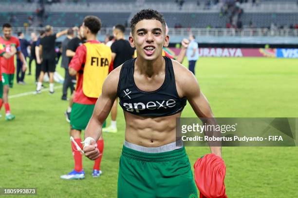 Hamza Koutoune of Morocco celebrates after the team's victory in the penalty shootout during the FIFA U-17 World Cup Round of 16 match between...