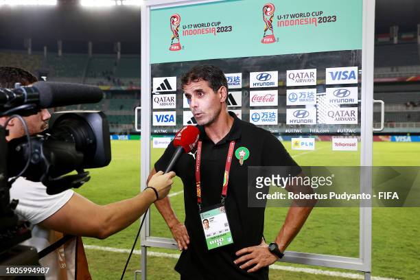 Said Chiba, Head Coach of Morocco, speaks to the media after the FIFA U-17 World Cup Round of 16 match between Morocco and IR Iran at Gelora Bung...