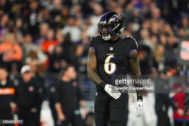 Patrick Queen of the Baltimore Ravens looks on from the field during an NFL football game against the Cincinnati Bengals at M&T Bank Stadium on...
