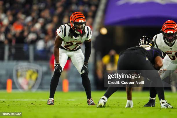 Chidobe Awuzie of the Cincinnati Bengals lines up during an NFL football game against the Baltimore Ravens at M&T Bank Stadium on November 16, 2023...