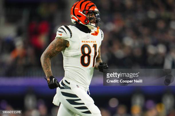 Irv Smith Jr. #81 of the Cincinnati Bengals runs across the field during an NFL football game against the Baltimore Ravens at M&T Bank Stadium on...