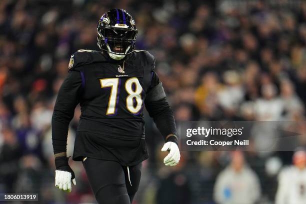 Morgan Moses of the Baltimore Ravens reacts during an NFL football game against the Cincinnati Bengals at M&T Bank Stadium on November 16, 2023 in...