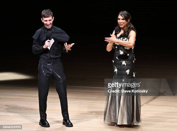 Anthony Roth Costanzo and Lara Downes speak onstage at Lincoln Center's Fall Gala honoring James G. Dinan at David Geffen Hall on November 20, 2023...