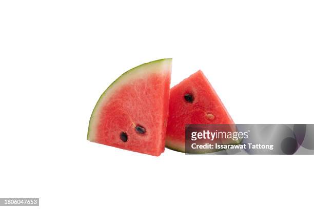 closeup of some pieces of refreshing watermelon on a white background - fruktkött bildbanksfoton och bilder