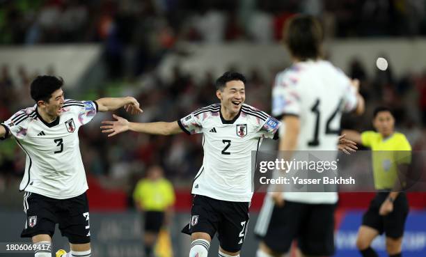 Yukinari Sugawara of Japan celebrates after scoring the team's fourth goal during the FIFA World Cup Asian 2nd qualifier match between Syria and...