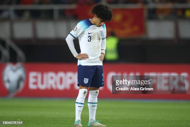 Rico Lewis of England reacts during the UEFA EURO 2024 European qualifier match between North Macedonia and England at National Arena Todor Proeski...