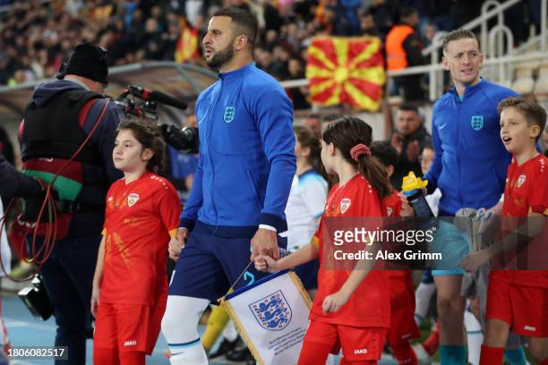 Team captain Kyle Walker of England leads the team onto the pitch prior to the UEFA EURO 2024 European qualifier match between North Macedonia and...