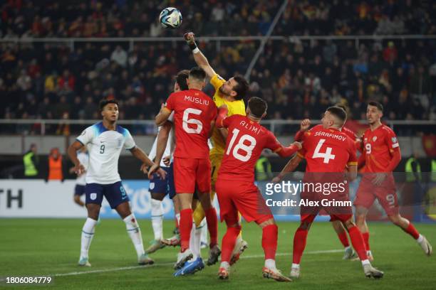 Stole Dimitrievski of North Macedonia clears the ball under pressure during the UEFA EURO 2024 European qualifier match between North Macedonia and...