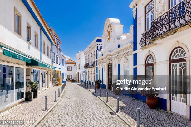 narrow cobbled alley with white and blue houses in ericeira old town, portugal - adoquinado fotografías e imágenes de stock