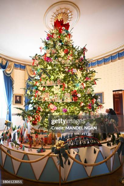 The White House Christmas tree is seen in the Blue Room during the media preview for the 2023 Holidays at the White House in Washington, DC on...