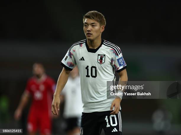 Ritsu Doan of Japan looks on during the FIFA World Cup Asian 2nd qualifier match between Syria and Japan at Prince Abdullah Al Faisal Stadium on...