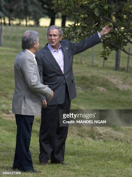 President George W. Bush and Uruguay's President Tabare Vazquez look at a citrus tree as they arrive for a joint press conference 10 March 2007 at...