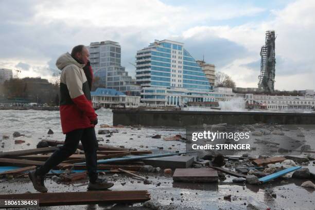 Picture shows damage at a storm-hit seafront in Crimea's largest city of Sevastopol on November 27, 2023.