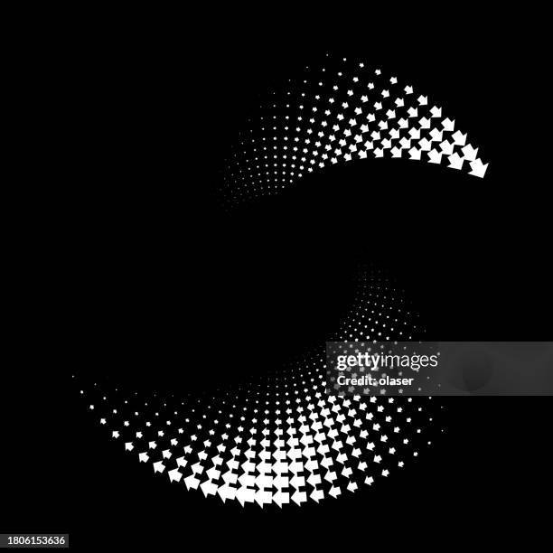 dynamic white halftone dots swirl into a spiral on a black background. - pivot stock illustrations