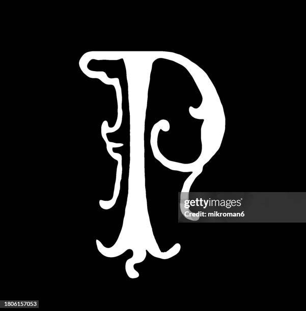 old engraved illustration of letter p, decorative ornament - ps arts stock pictures, royalty-free photos & images