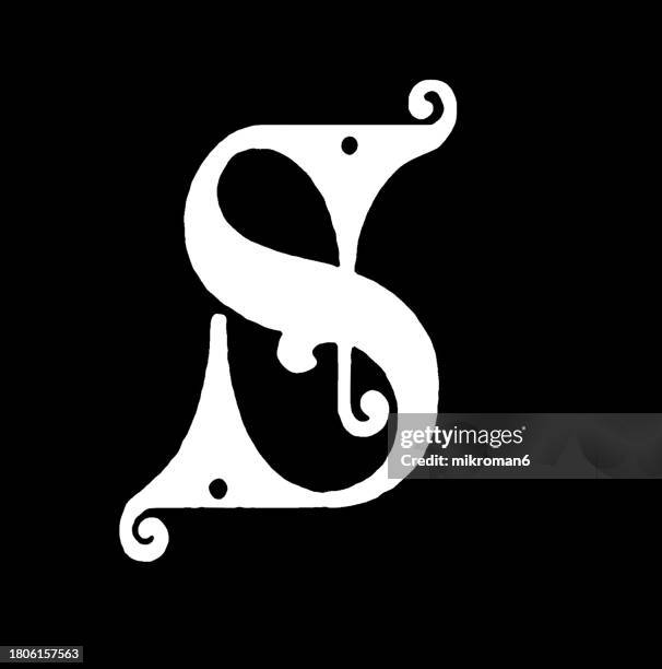 old engraved illustration of letter s, decorative ornament - disney channel u s fotografías e imágenes de stock