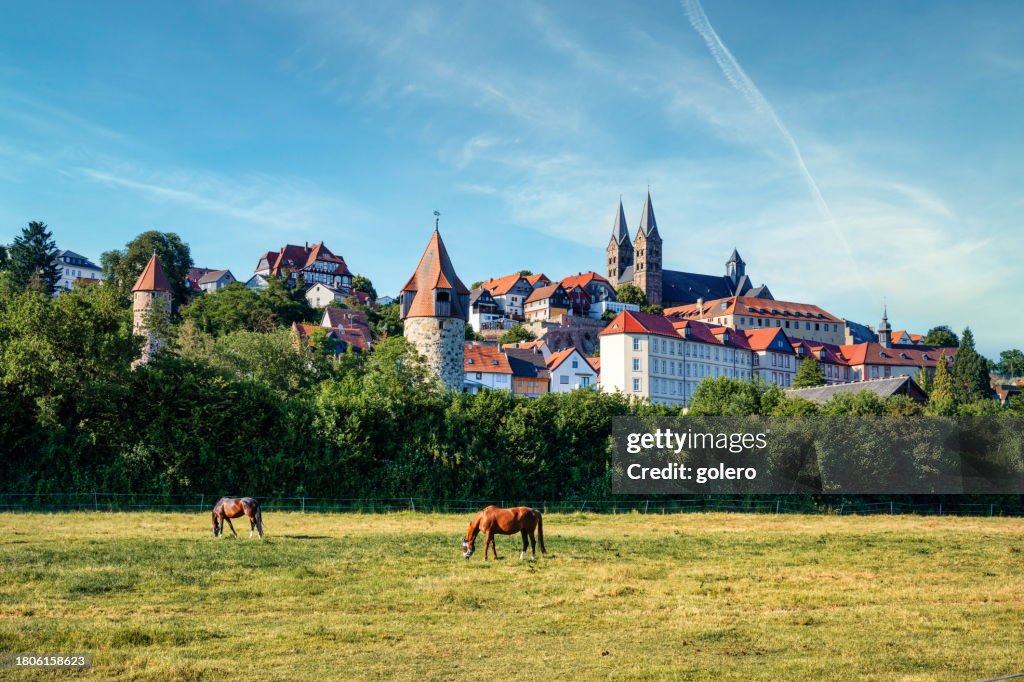 Cityscape of Fritzlar with cathedral under blue sky