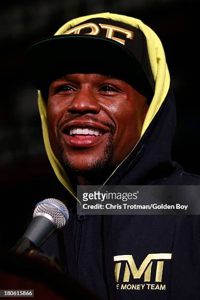 Floyd Mayweather Jr. Speaks at the post fight news conference after his majority decision victory against Canelo Alvarez in their WBC/WBA 154-pound...