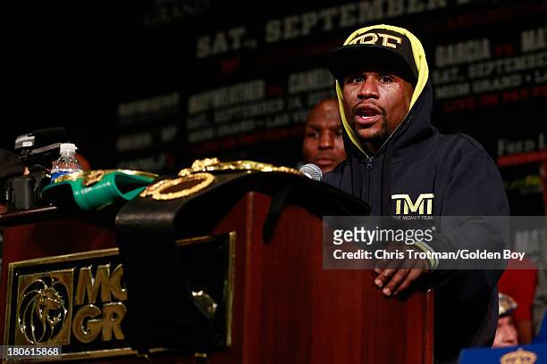 Floyd Mayweather Jr. Speaks at the post fight news conference after his majority decision victory against Canelo Alvarez in their WBC/WBA 154-pound...