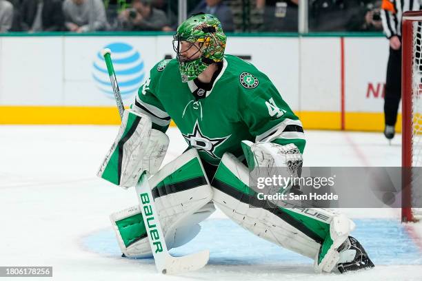 Scott Wedgewood of the Dallas Stars defends hist net during the second period \N at American Airlines Center on November 20, 2023 in Dallas, Texas.