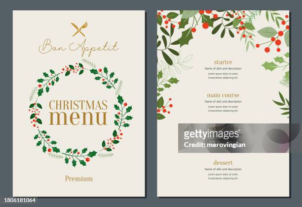 ilustraciones, imágenes clip art, dibujos animados e iconos de stock de menú navideño con marco de corona - menu card