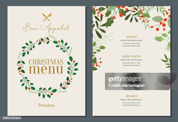 christmas menu with wreath frame - christmas dinner stock illustrations