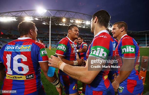 The Knights celebrate victory during the NRL Elimination Final match between the Canterbury Bulldogs and the Newcastle Knights at ANZ Stadium on...