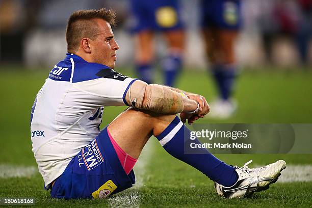 Josh Reynolds of the Bulldogs looks dejected after the NRL Elimination Final match between the Canterbury Bulldogs and the Newcastle Knights at ANZ...