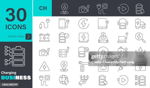 charging icon set. 30 editable stroke vector graphic elements, stock illustration icon, business, battery, computer, car, electricity, power line, charging - electric car perspective stock illustrations