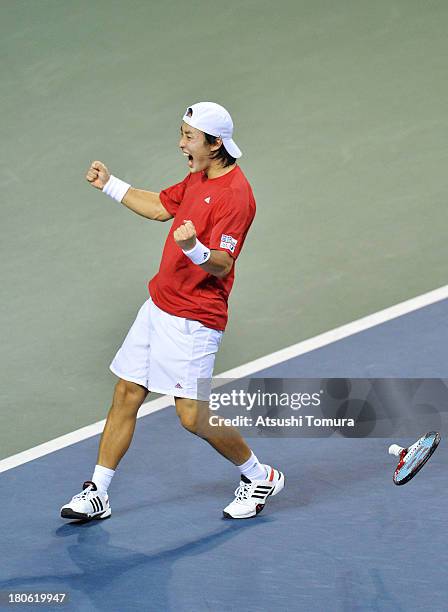 Go Soeda of Japan celebrates after winning the singles game against Alejandro Falla of Colombia during day three of the Davis Cup World Group...