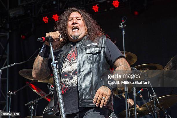 Vocalist Chuck Billy of Testament performs in Monster Energy's Aftershock Festival at Discovery Park on September 14, 2013 in Sacramento, California.