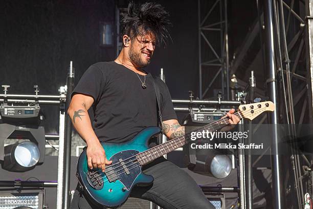 Bassist Tobin Esperance of Papa Roach performs in Monster Energy's Aftershock Festival at Discovery Park on September 14, 2013 in Sacramento,...