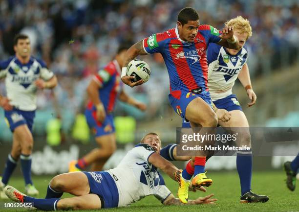 Dane Gagai of the Knights makes a break during the NRL Elimination Final match between the Canterbury Bulldogs and the Newcastle Knights at ANZ...