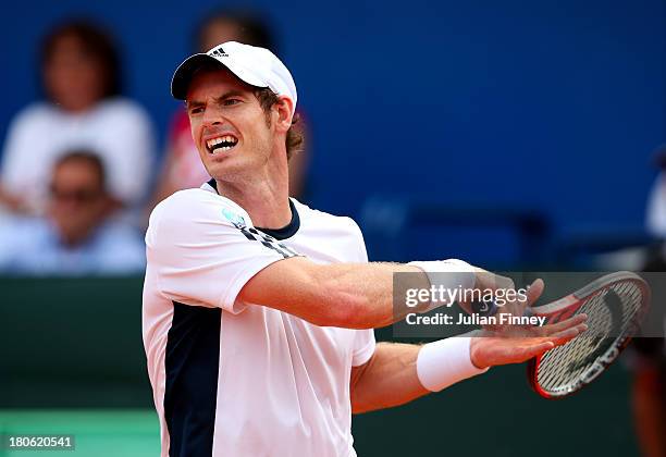 Andy Murray of Great Britain in action against Ivan Dodig of Croatia during day three of the Davis Cup World Group play-off tie between Croatia and...