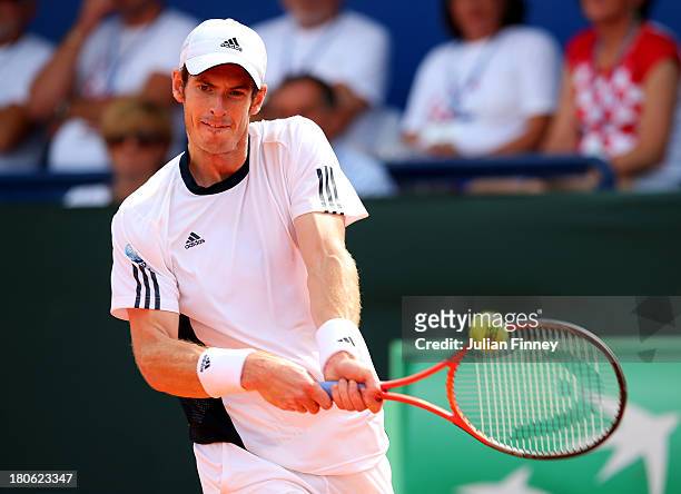 Andy Murray of Great Britain in action against Ivan Dodig of Croatia during day three of the Davis Cup World Group play-off tie between Croatia and...