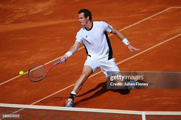 Andy Murray of Great Britain in action against Ivan Dodig of Croatia during day three of the Davis Cup World Group play-off tie between Croatia and...